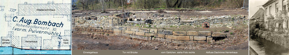 Links Entwässerungsplan von 1936, erhaltene Entwässerung des Herrenhauses auf der linken Seite im Foto Mitte, März 2014, rechts Foto mit Blick flussaufwärts zum Einwiegehaus, Tor und Brücke um 1930