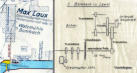 Links Entwässerungsplan 1936, Ausschnitt, hier Darstellung der unterirdischen Transmissionswelle, rechts Getriebeplan der Mühle Bombach/Laux vor Ablösung der Wasserkraft 1936