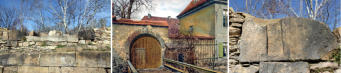 Mitte: Tor mit Brücke über den Mühlgraben zum 1. Hof, um 1910, Links: Erhaltene Prellsteine mit Nut für die tragenden Holzbalken der Brücke sowie beiderseits ausgetretene (gewendete) Sandsteinschwelle, Rechts:  Prellstein mit Nut, März 2014