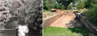 Links der Blick flussabw. von der Betonbrücke zum Wassereinlauf in die Radgrube/Radhaus, 1937, rechts der 2008 freigelegte Abschnitt nach der „Sorge“, Blick zum ehem. Standort der Mühle/Wasserrad rechts neben dem Baum, bei den Personen ehem. Betonbrücke 