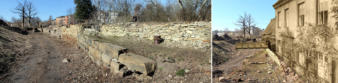 Blick flussaufwärts zur Radgrube, rechts ehem. Standort Herrenhaus (Darstellungsversuch), vorgesetzte Sandsteinquader zum Schutz gegen Unterspülung und Einengung zum schnelleren Abfluss des Wassers, erhaltene Dachentwässerung des Herrenhaus, März 2014