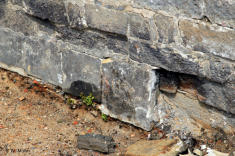 rechte Ufermauer im Sohlebereich, oberer Mauerverband durch Erddruck nach innen versetzt, Sicherungsmaßnahme durch Vorsetzen von Sandsteinplatten im Sockelbereich 