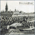 Vorn der Eisenhammer mit Mühlgraben der Weißeritz im Ostragehege um 1679, Ausschnitt aus "Prospect umb Dresden" (Schollenberger), perspektivisch verkürzter Blick Richtung Schloss, rechts die Grotte im Lustgarten