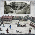 Mitte links die "Glas Fabrique", rechts die nach Friedrichstadt führende Allee, die spätere Ostra-Allee, Kupferstich Schlitterlau um 1770, zum Vergleich die eingefügte Ansichtskarte oben, um 1908