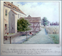 Bildtext: Am Weißeritzmühlgraben in der Nähe des Feldschlößchens. Fußweg von der Schaffhirt´schen Papiermühle nach der Ölmühle und zum „Thürmchen“, Blick in der Richtung nach Plauen. 1859, Aquarell Canzler – Chronik, Museen d. Stadt Dresden, Städtische G.