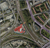 Lage der Dresdner Papierfabrik (vormalige Papiermühle) mit Weißeritzmühlgraben 1892, übertragen auf Satellitenbild unserer Stadt, M. Bing 2015