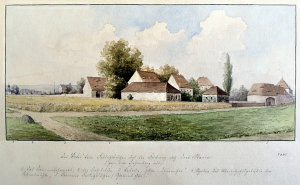 Umgebung Mühlgraben, Blick v.d. heutigen Einmündung Hahneberg-, auf die Zwickauer Straße, links im Bild das Kanonenbohrwerk und Gebäude im Holzhof, in der Mitte das Türmchen, Aquarell aus der Canzler – Chronik, Museen der Stadt Dresden, Städtische Galerie