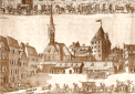 Georg Jakob Schneider: An der alten Frauenkirche, Kupferstich 1680. SLUB I Deutsche Fotothek,