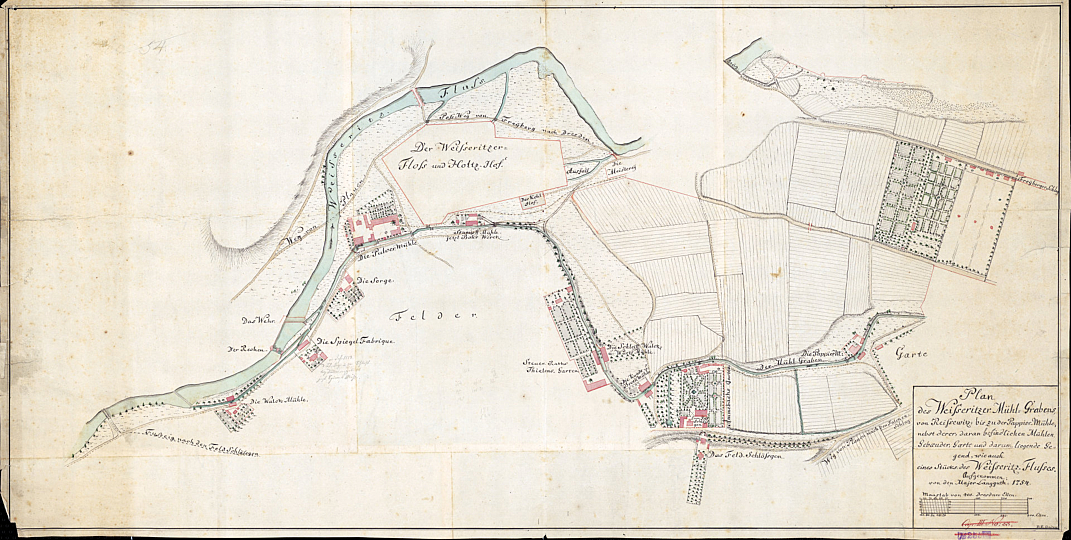 „Plan des Weißeritz-Mühlgrabens nebst derer daran befindlichen Häuser und Mühlen, …, Aufgenommen, von den H. Major  Langguth, 1754“, Sächs. Staatsarchiv, HSA Dresden  