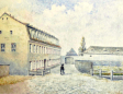 Falkenhof links, Falkengässchen und Brücke über den Mühlgraben zum Gasthaus „Goldene Sonne“, 1864, Aquarell Canzler – Chronik, Museen der Stadt Dresden, Städtische Galerie Dresden