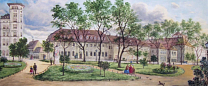 Links Webers Hotel anschl. Zwingerstraße, Silberhammer (Münze), Hofwaschhaus, Lagerhäuser und Malersaal, 1887